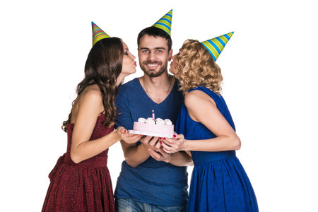 Group of friends with cake celebrate happy birthday  Isolated 