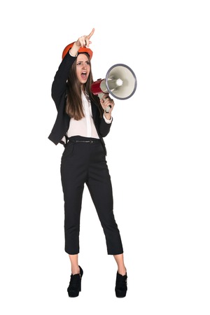 Female construction worker with loudspeakerの写真素材