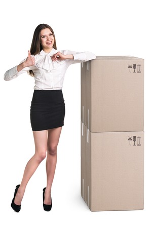 Beautiful Woman with boxes on whiteの写真素材