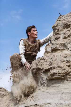 Man in desert climbing upの写真素材