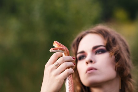 Young, beautiful, sensual woman with snakeの写真素材