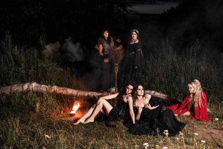 Whitches coven. Dark night. Fireの写真素材