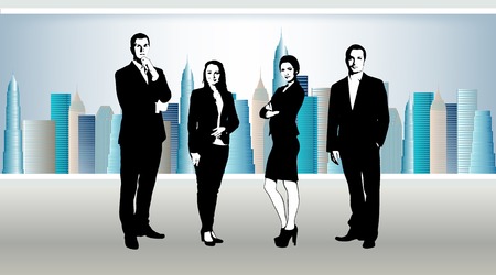 business team in office. In window skyscrapers with skyのイラスト素材