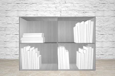 White books on grey shelfs on light backgroundの写真素材
