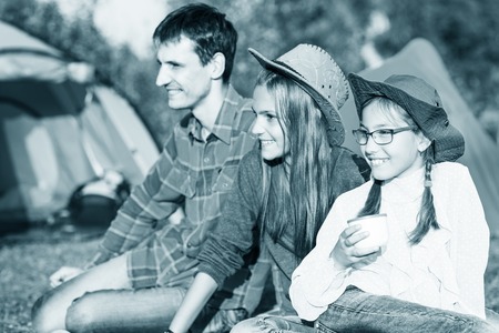 Happy frendly family have a picnic outdoorの写真素材
