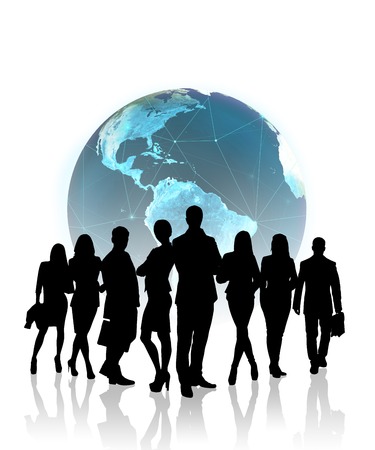 Silhouettes of business people in front of the globe.   の写真素材