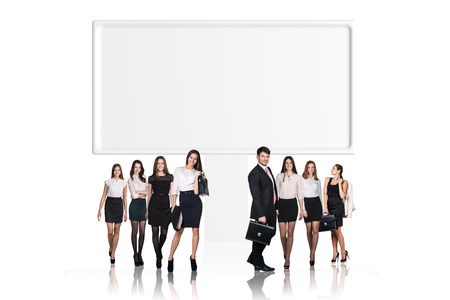 Successful team standing near billboard isolated on whiteのeditorial素材