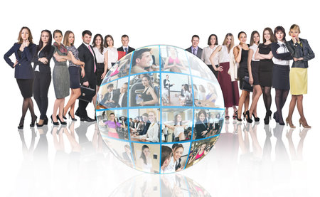 Crowd of people stands beside collage of diverse business people in sphere over white backgroundの写真素材