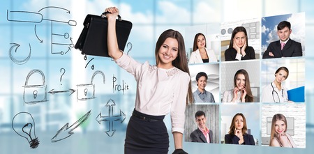 Collage of people from different professions squared blocks with business concept and businesswoman in the centerの写真素材