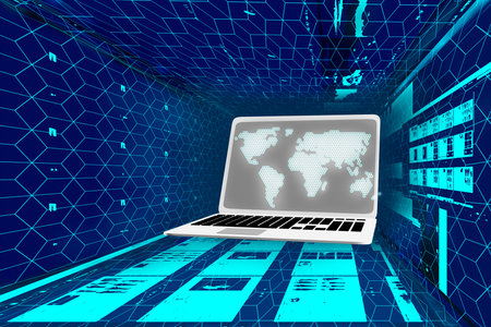 dark blue space with light lines on the wall and  laptop with map in the middle.