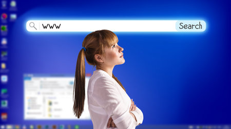 Blue fullscreen desktop with open searching systemの写真素材