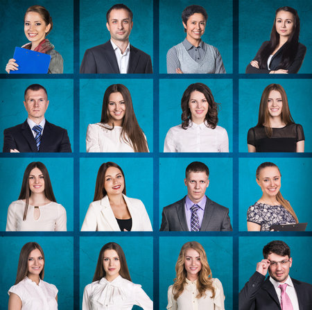 Business people portrait collage. Square shape. Blue background