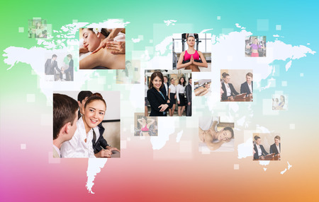 Collage of various human professions on the big white map. Colorful backgroung. Elements of this image furnished by NASAの写真素材