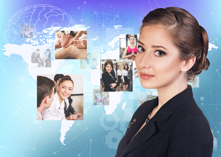 Collage of various human professions on the big white map. Colorful backgroung. Elements of this image furnished by NASAの写真素材