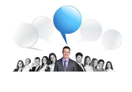 Group of business people talking with speech bubblesの写真素材