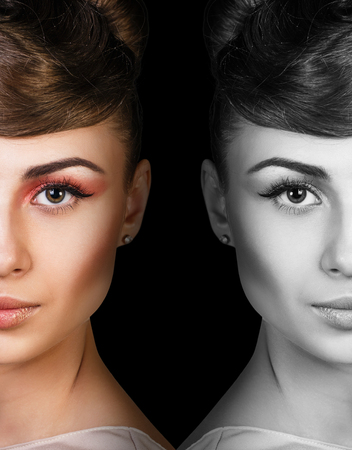 Portrait of a young and healthy woman face with black and white versionの写真素材