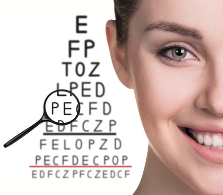 Man with glasses on eyesight test isolated on white background