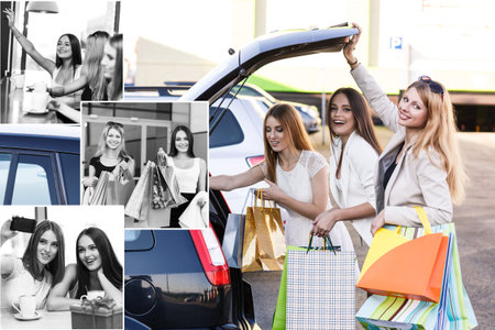 Happy women put packages in the car trunk after shopping
