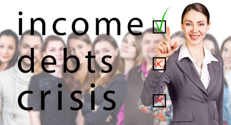 Business woman point on frame with check mark isolated on whiteの写真素材