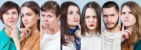 Collage of thoughtful people on the blue background