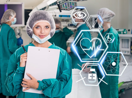 Surgery team in a surgical room with futuristic healthcare icons