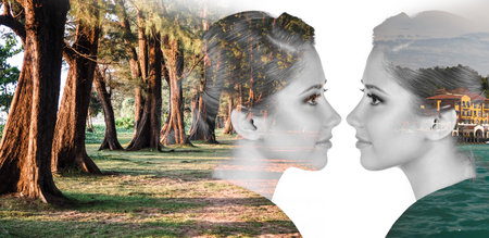 Double exposure portrait of attractive lady combined with nature of forest