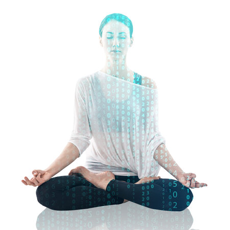 Double exposure of young woman practicing yoga in the lotus position and digital coding isolated on whiteの写真素材