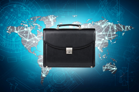 World map with light dots over blue blueprint background.の写真素材