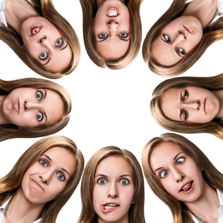 Collage of woman with different emotions forms a circle. Frame with copy spaceの写真素材