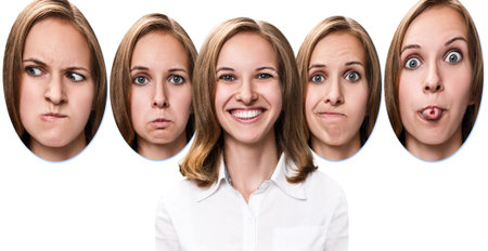 Young girl changes her face portraits with different emotions isolated on white