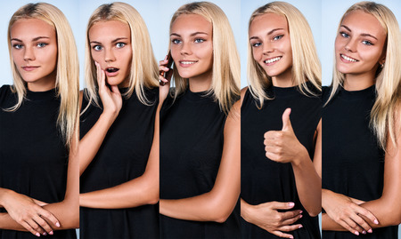 Collage of young smiling woman over blue backgroundの写真素材