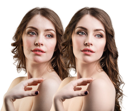 Comparison portrait of young girl with and without makeupの写真素材