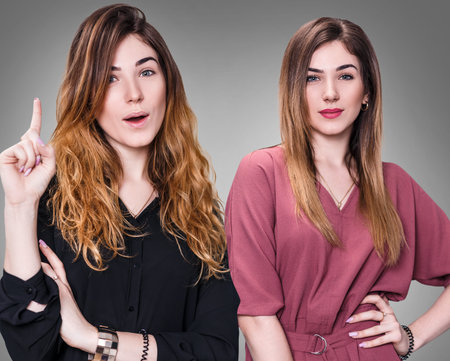 Comparison portrait of woman before and after makeup and hairstylingの写真素材