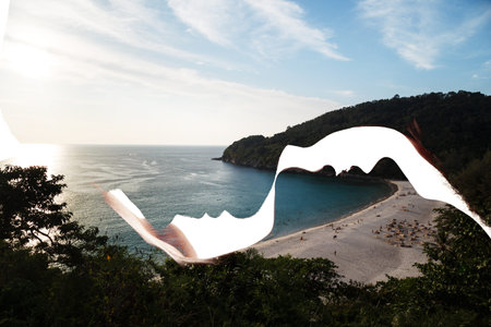 Double exposure of couple and mountains.の写真素材