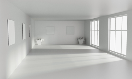 Big modern empty white room with with big windows. 3D renderingの写真素材