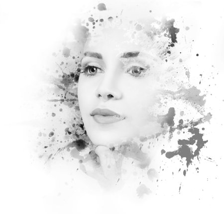 Double exposure of young woman and blotsの写真素材