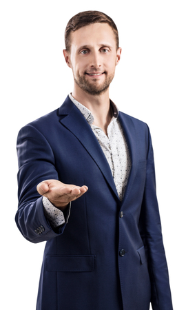 Man shows outstretched hand with open palm.の写真素材