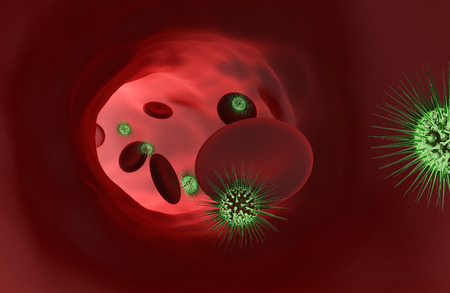 Bacteria with red blood cells. 3D renderingの写真素材