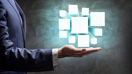 Man shows outstretched hand with open palm.の写真素材