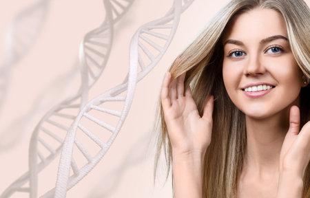 Portrait of sensual woman in DNA chains.の写真素材