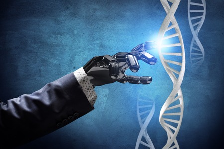 Metallic robotic hand touches dna chain. 3d renderingの写真素材