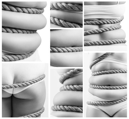 Collage of fat woman twisted with a rope.の写真素材