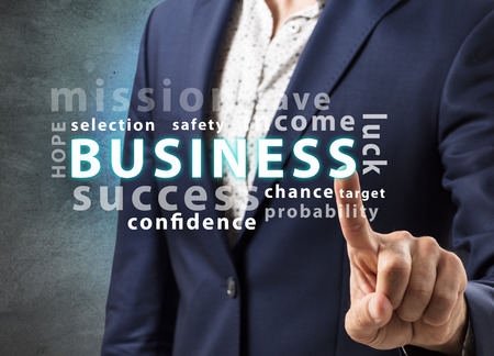 Businessman point on group of business words.の写真素材
