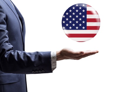 Businessman sharing bubble with USA flag.の写真素材