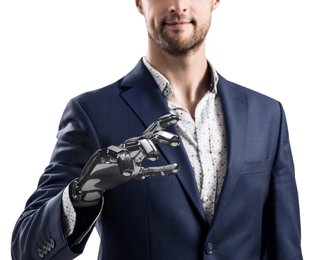 Businessman with robotic hand. Prosthesis concept. 3d renderingの写真素材