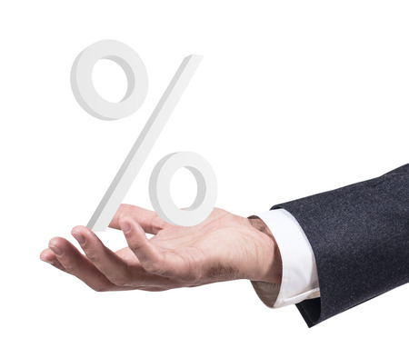 Businessmans hand present big virtual percent.3d renderingの写真素材