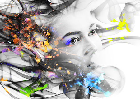 Double exposure portrait of woman and smoke.の写真素材