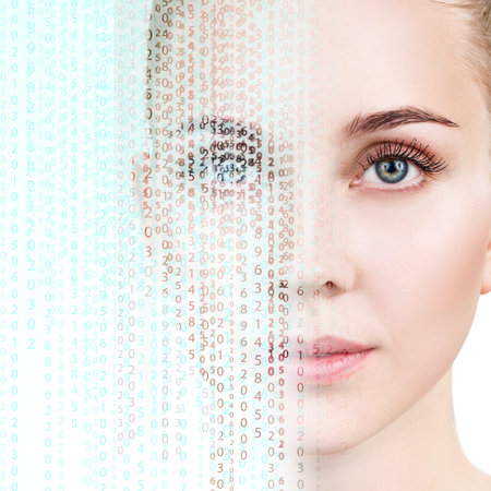 Beautiful female face transform in matrix code.の写真素材