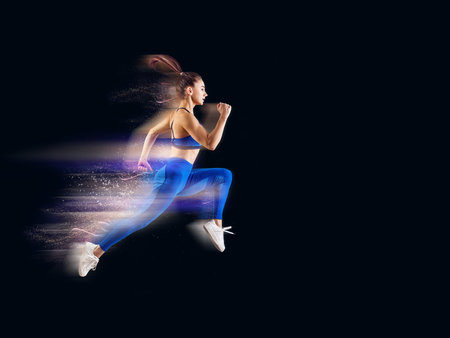 Very speed athletic caucasian woman running with trail.の写真素材