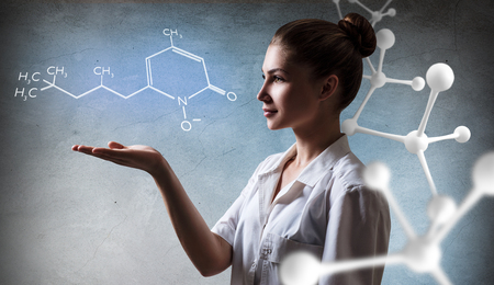 Doctor woman present molecule chain.の写真素材